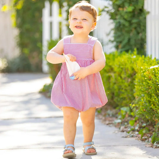 little boy in bubble rompers smiling - Classic Children's Clothing