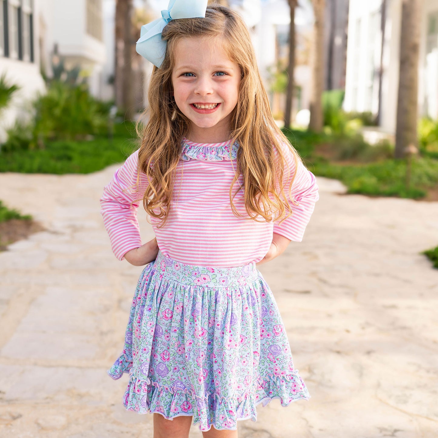 Girls Ruffle Neck Top - Pink Stripe