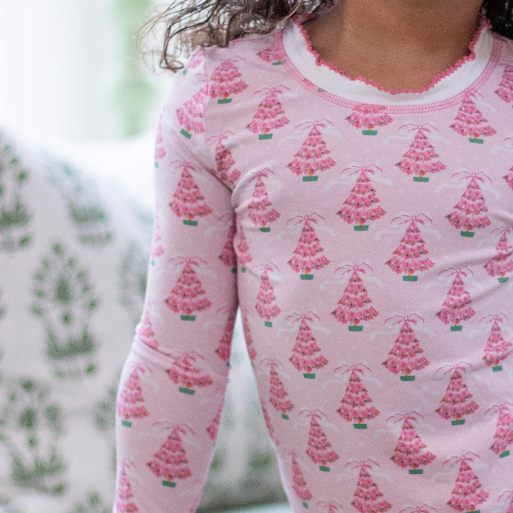 Pink Christmas Tree Bamboo Loungewear Set close