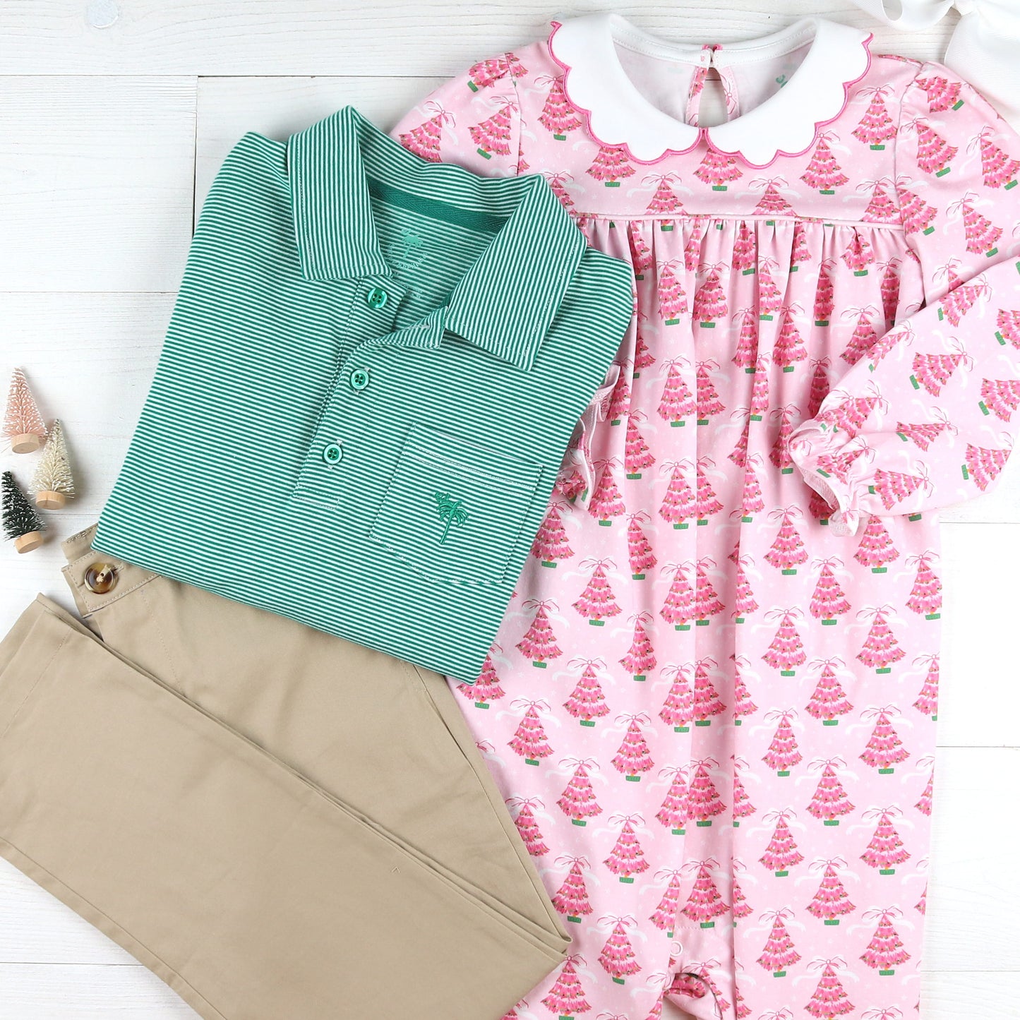 Pink Christmas tree bubble and green stripe polo and Khaki Button Pants