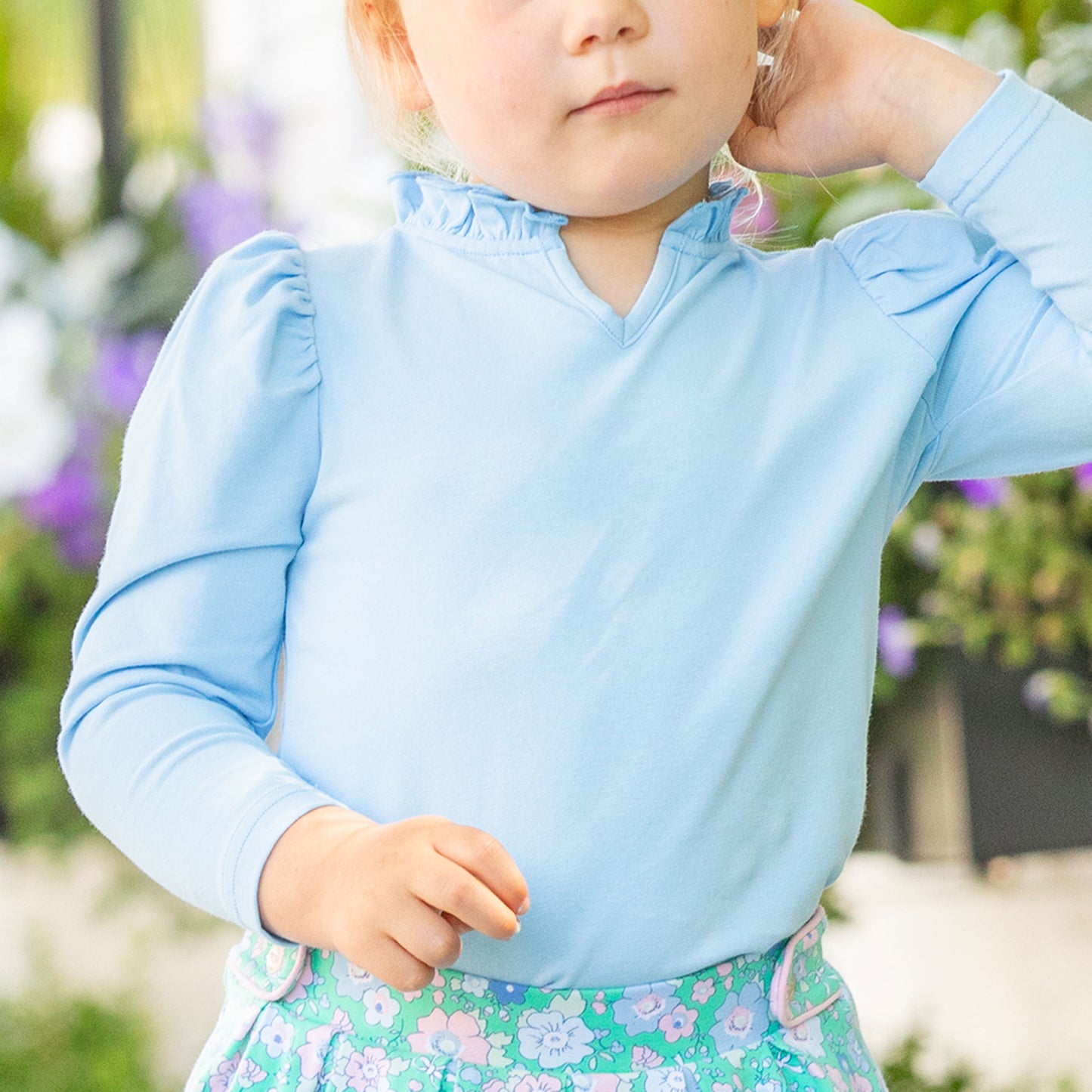 Girls Ruffle Neck Top - Blue Lagoon