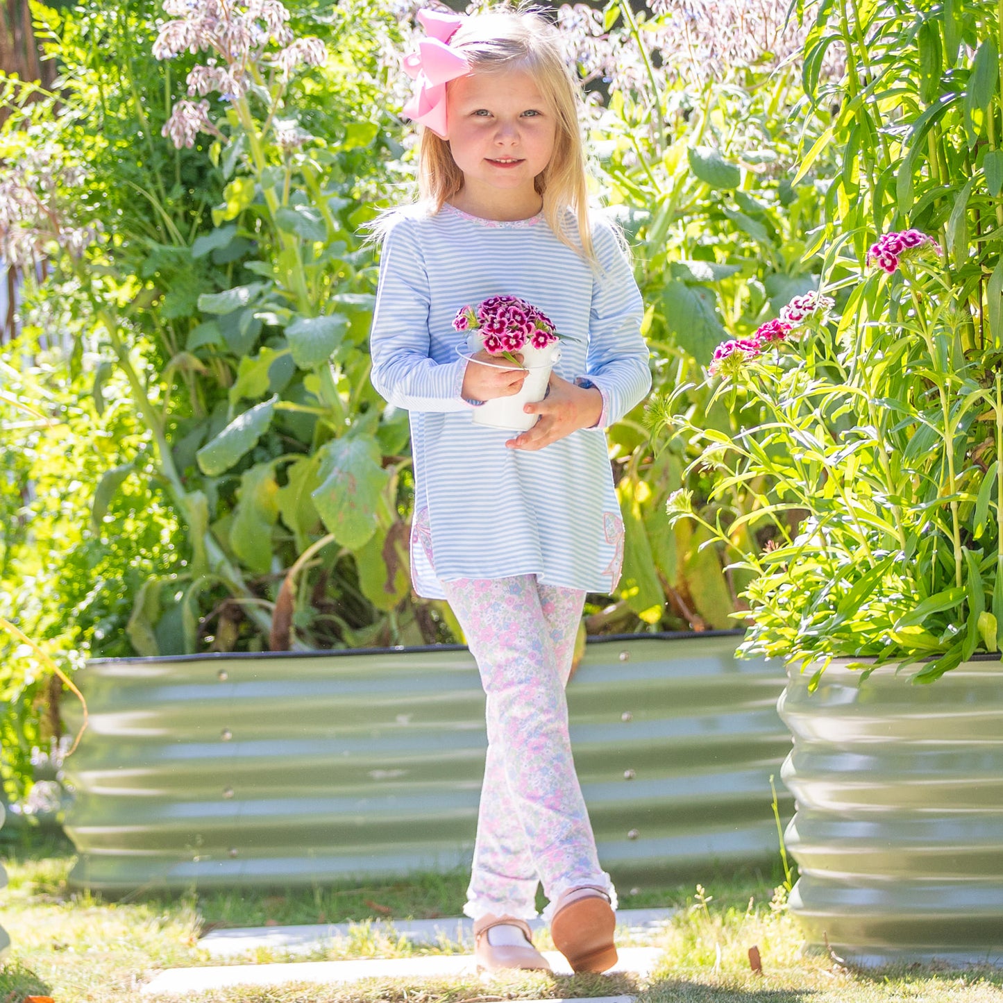 Girls Bow Top - Blue Stripe