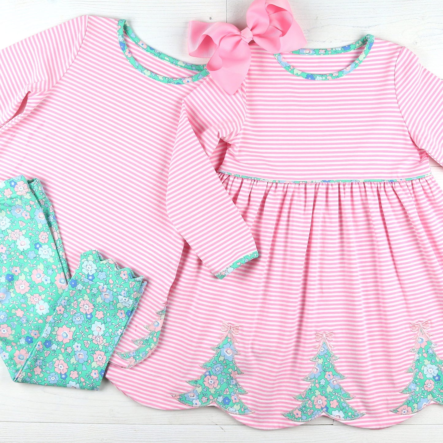 Girls Christmas Tree Dress - Pink Stripe