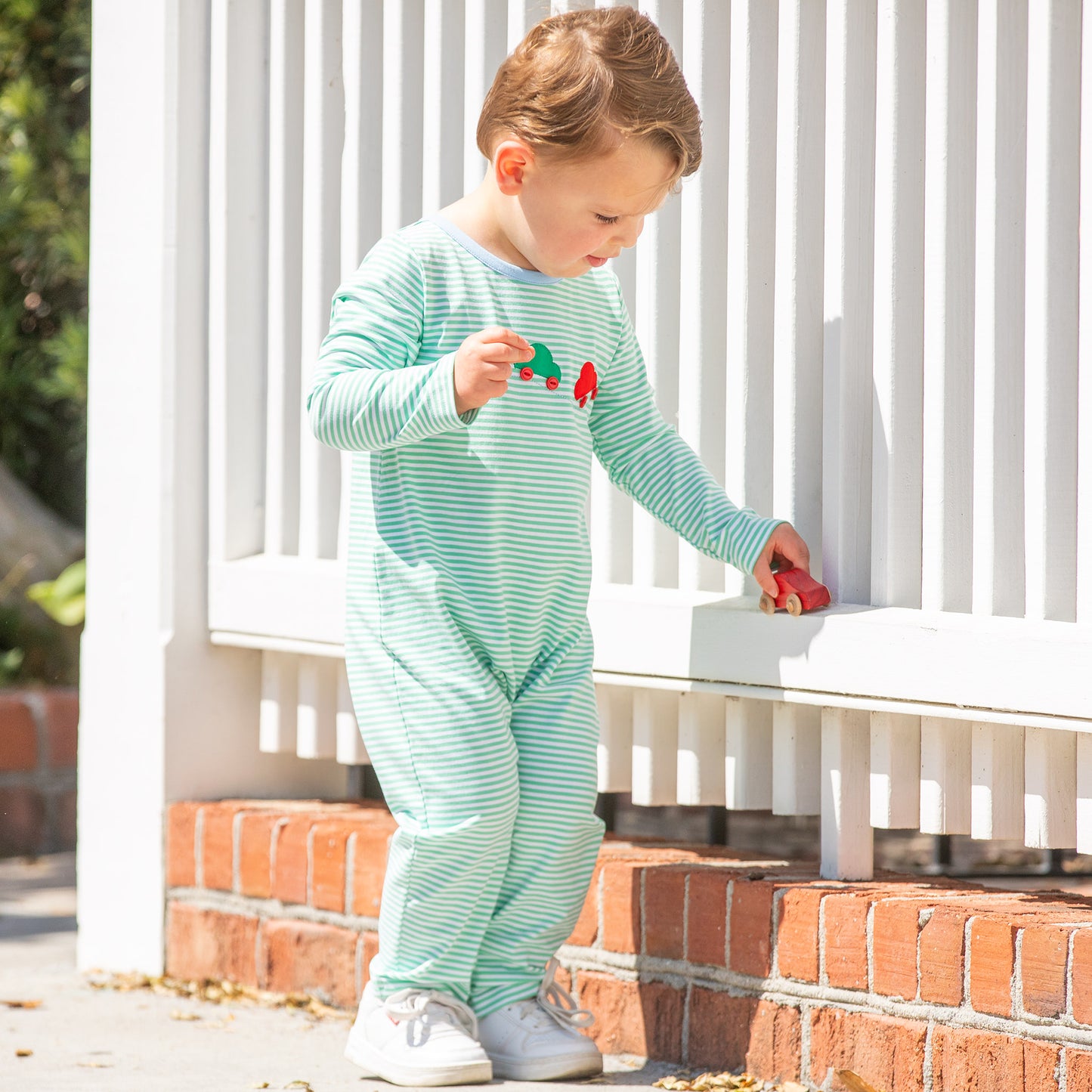 Boys Car Romper - Green Stripe