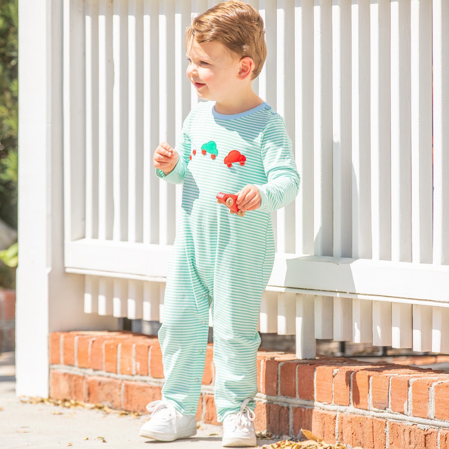 Boys Car Romper - Green Stripe