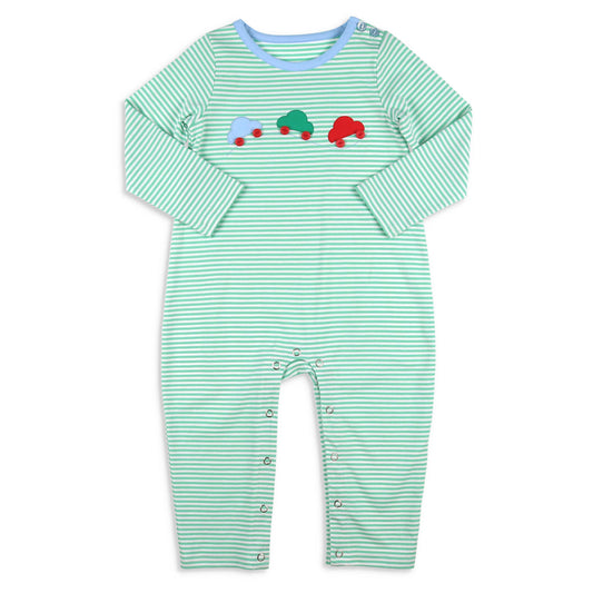 Boys Car Romper - Green Stripe