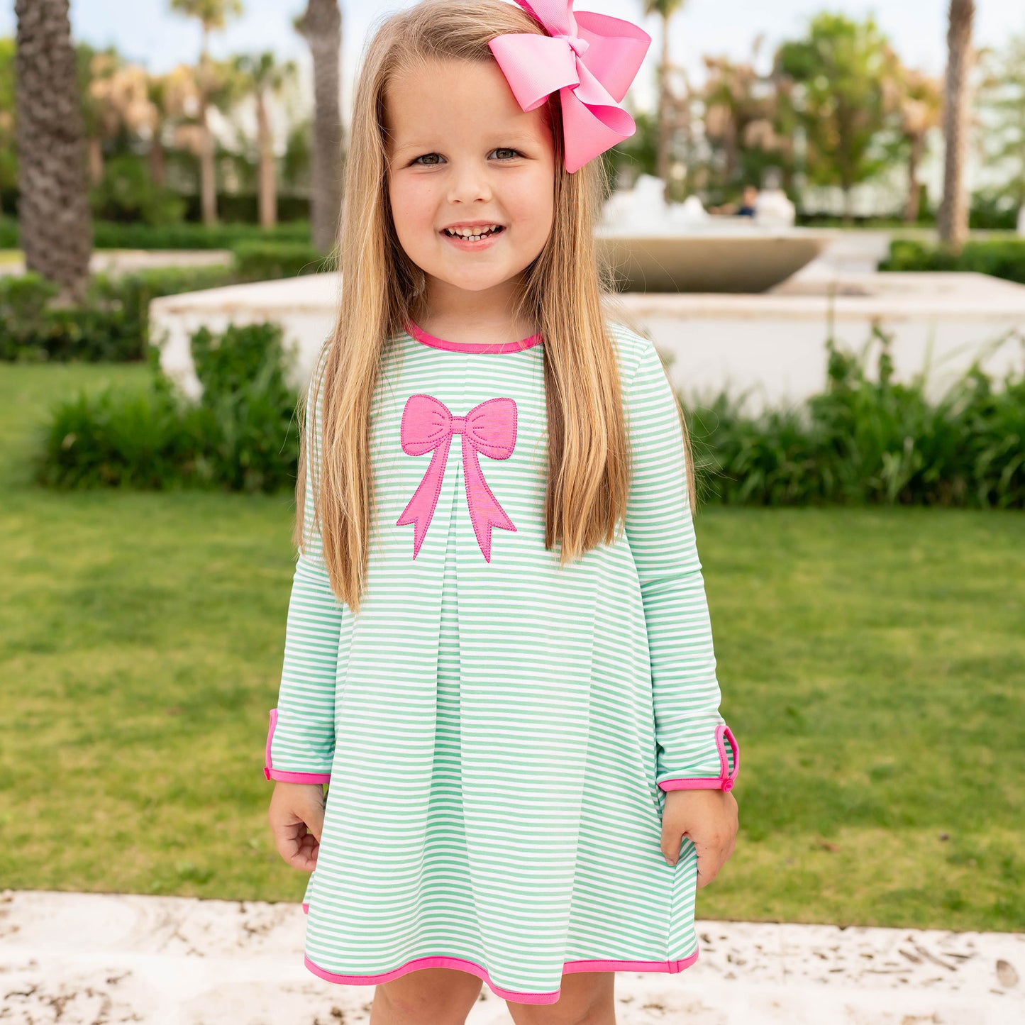 Girls Bow Dress - Green Stripe