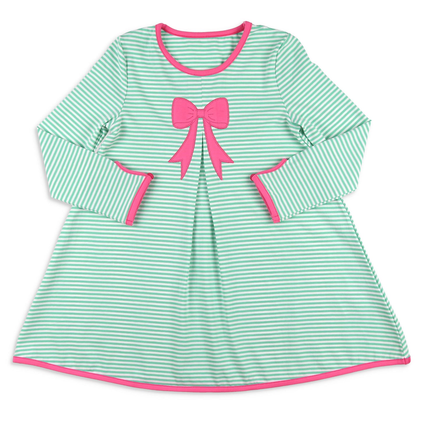 Girls Bow Dress - Green Stripe