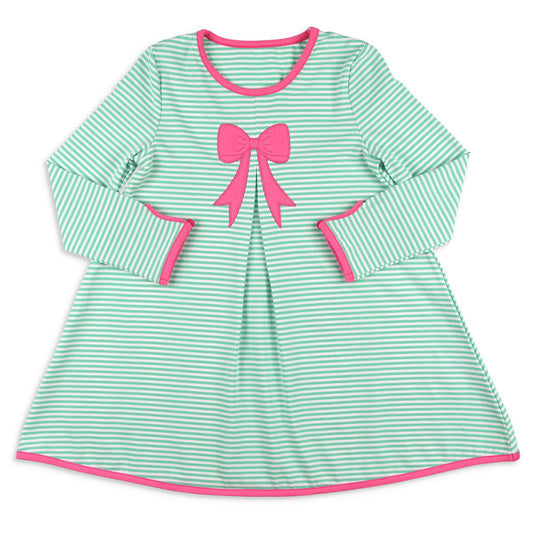 Girls Bow Dress - Green Stripe