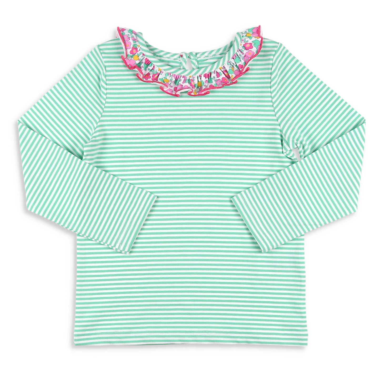 Girls Ruffle Neck Top - Green Stripe