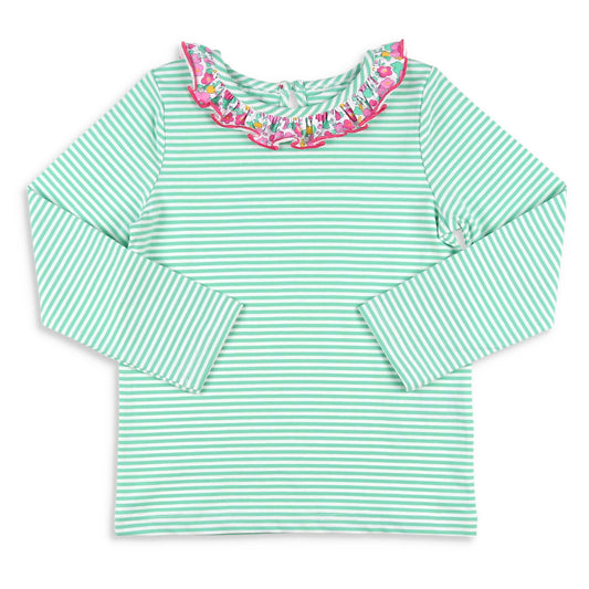 Girls Ruffle Neck Top - Green Stripe