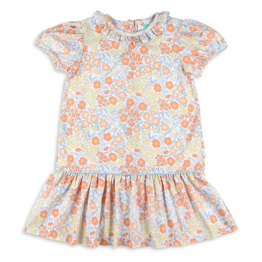 Girls Ruffle Neck Skirted Dress - Harvest Blooms