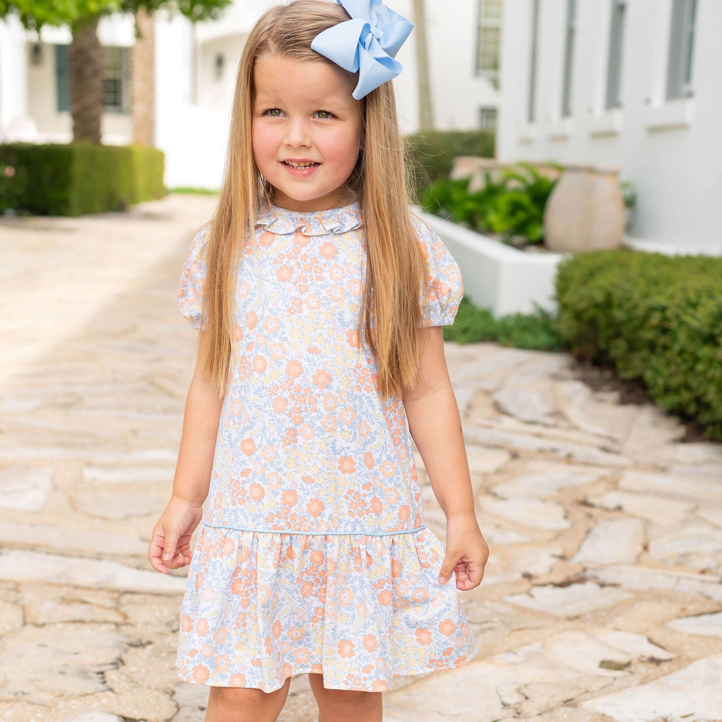 Girls Ruffle Neck Skirted Dress - Harvest Blooms