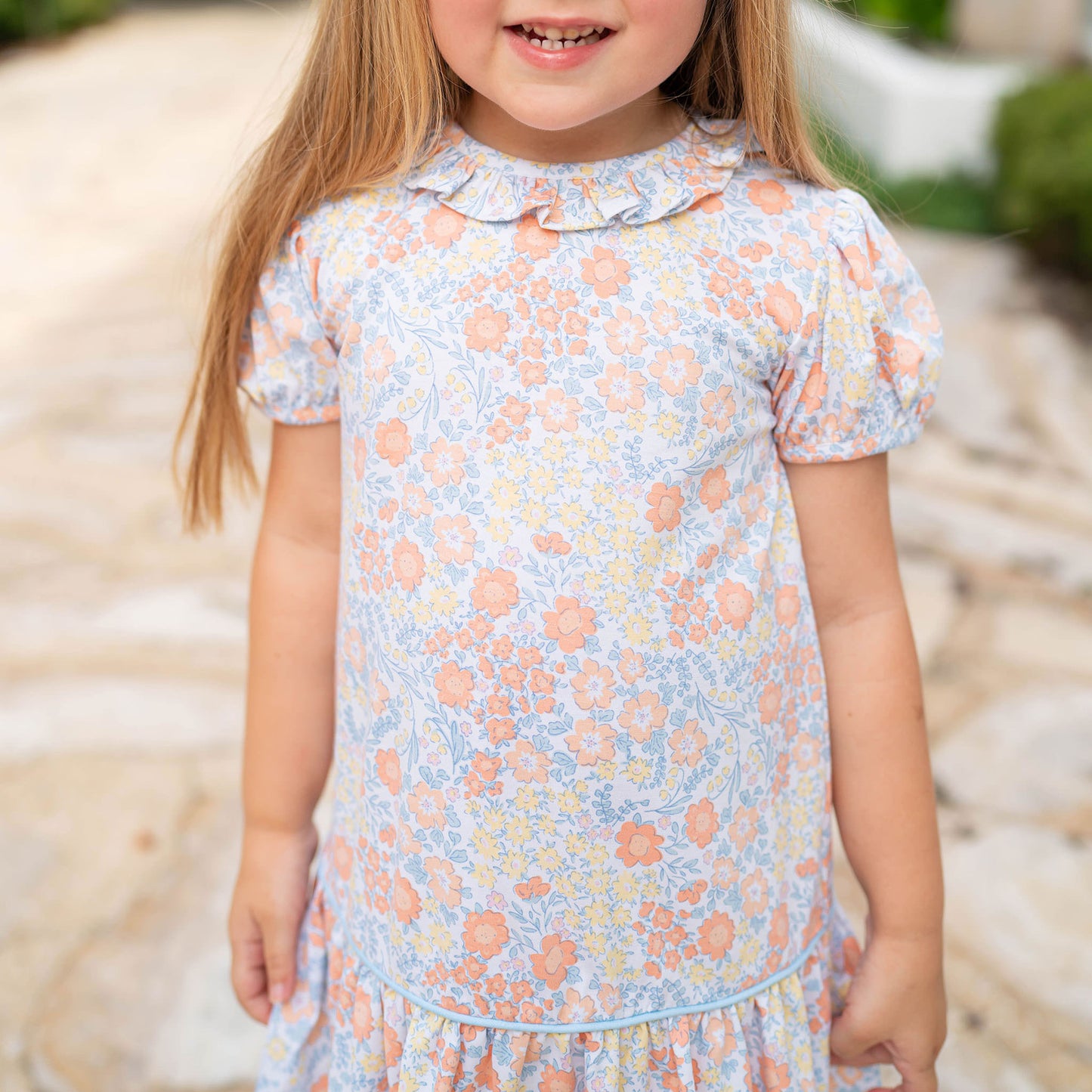 Girls Ruffle Neck Skirted Dress - Harvest Blooms