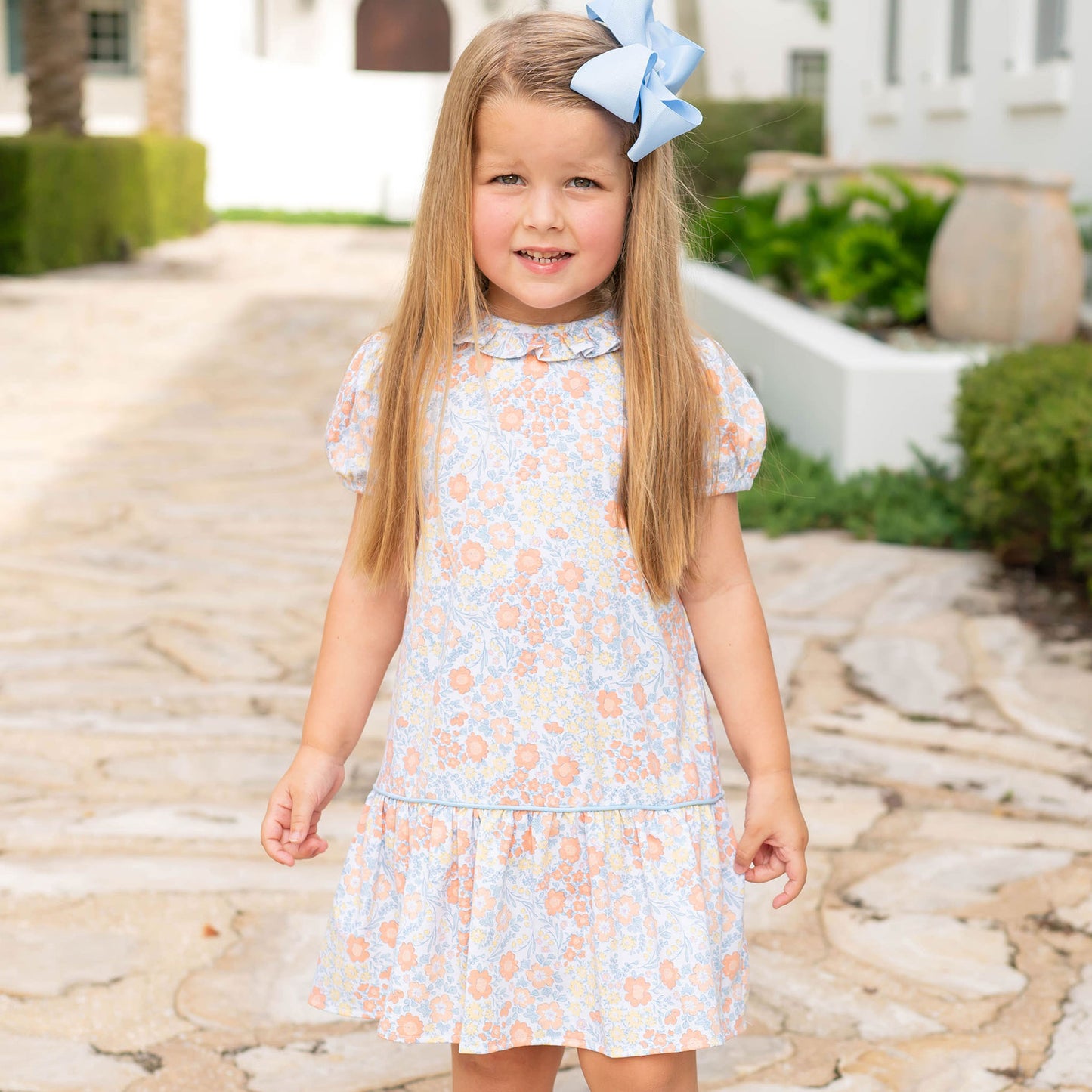 Girls Ruffle Neck Skirted Dress - Harvest Blooms