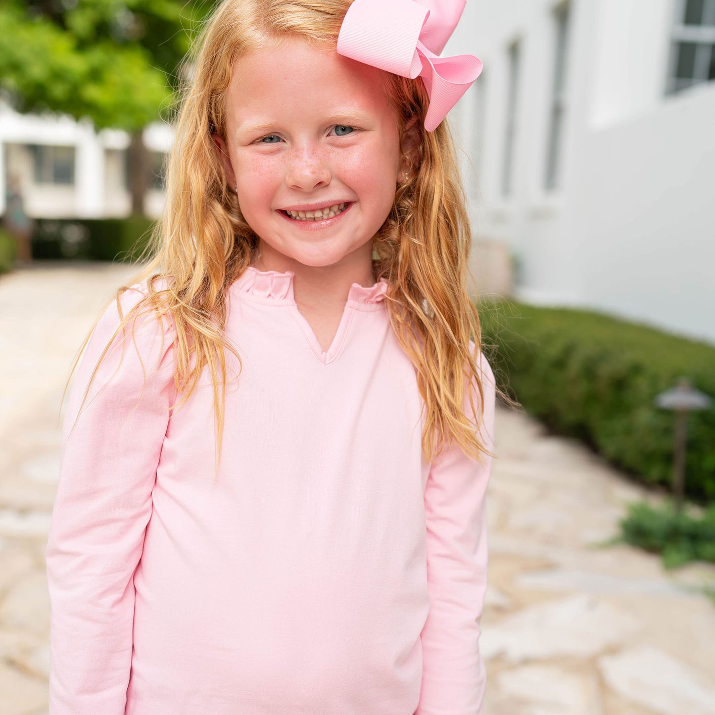 Girls Ruffle Neck Top - Ballet Pink
