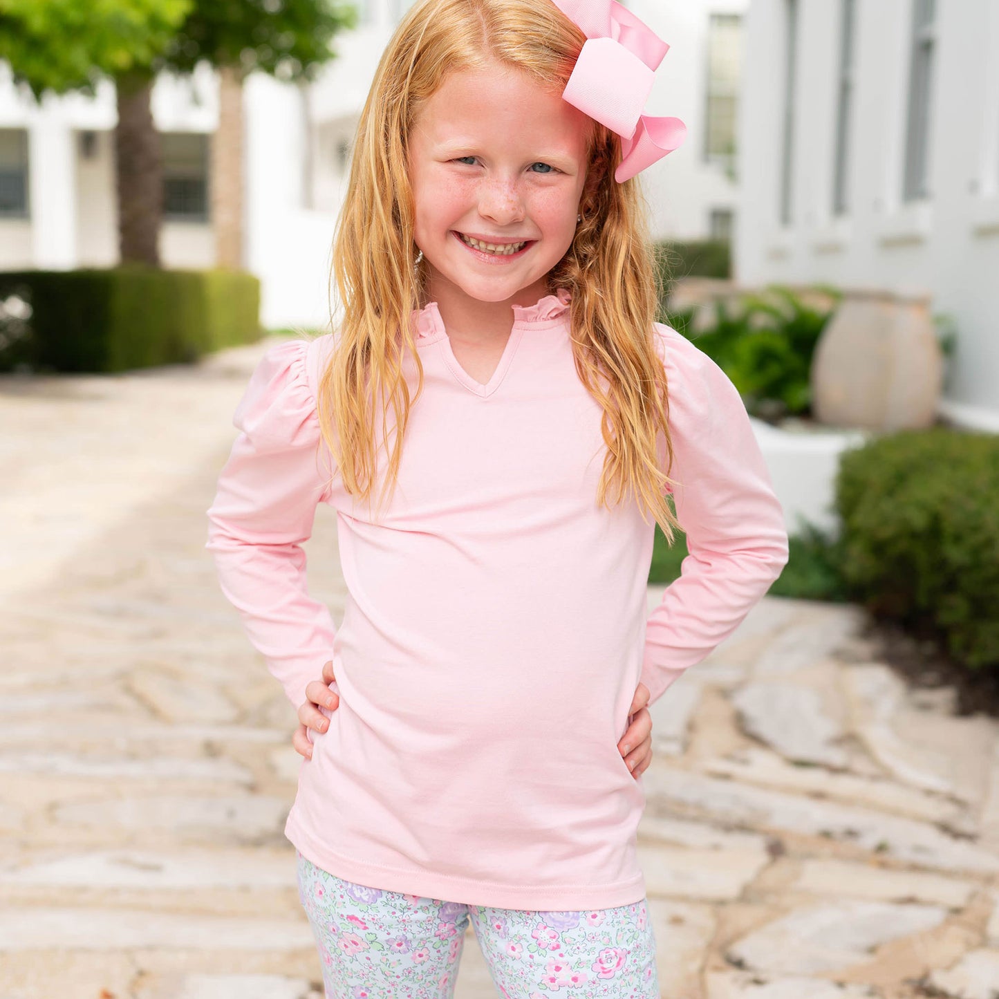 Girls Ruffle Neck Top - Ballet Pink