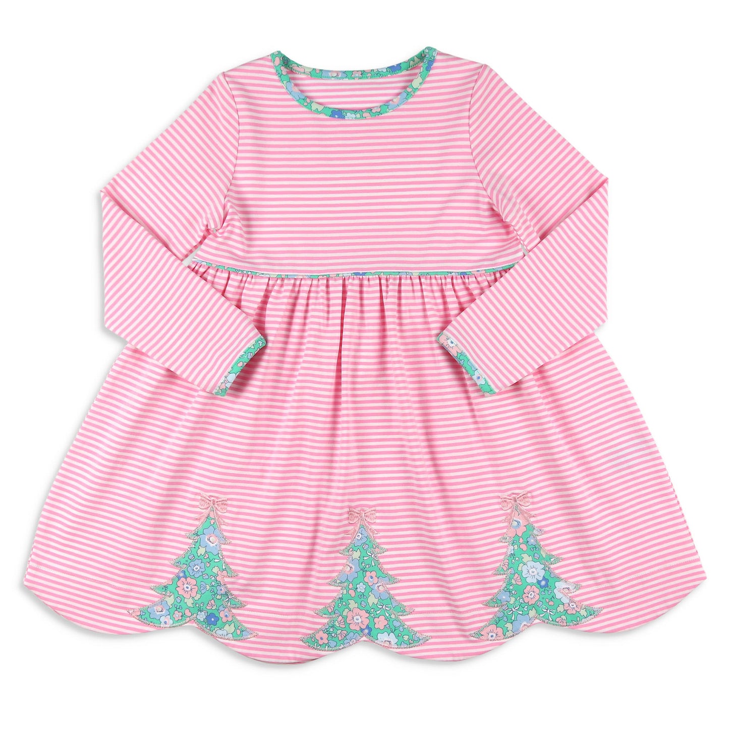 Girls Christmas Tree Dress - Pink Stripe