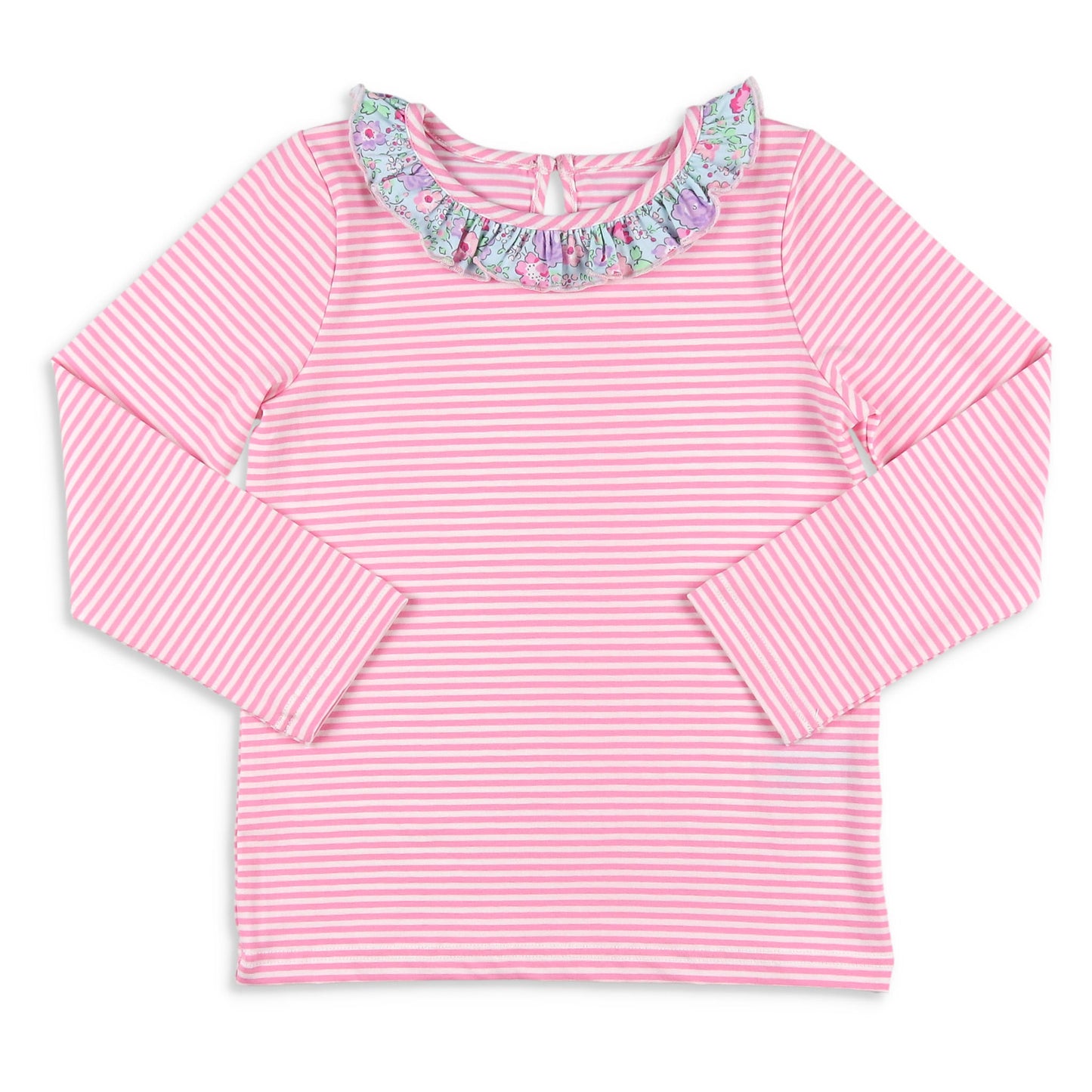 Girls Ruffle Neck Top - Pink Stripe