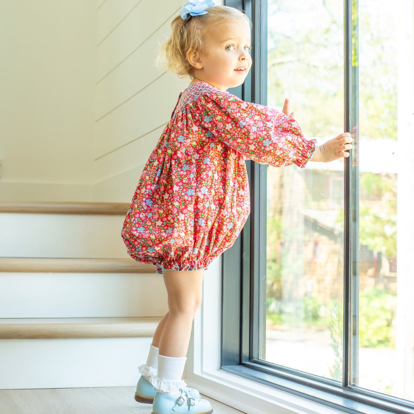 Girls Smocked Bubble - Scarlet Blooms