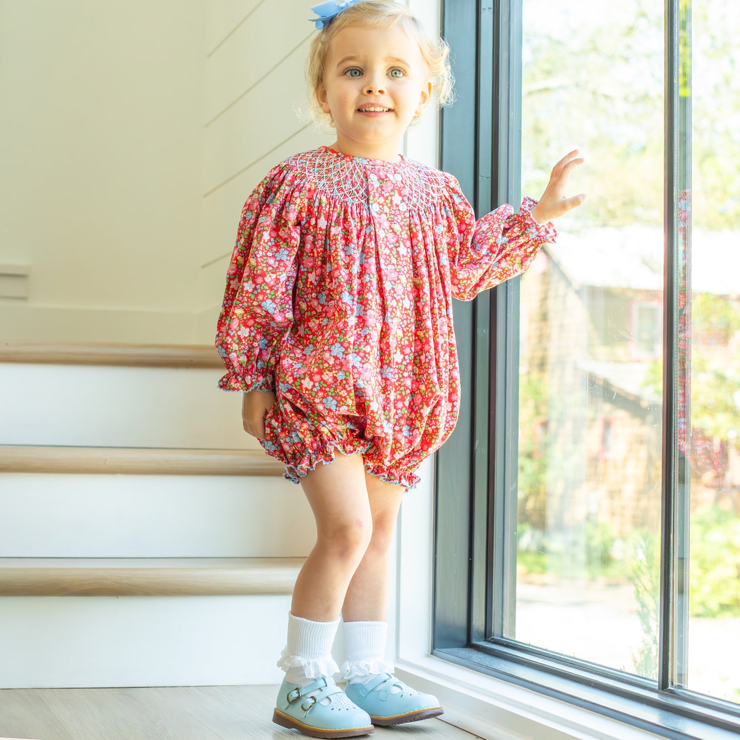 Girls Smocked Bubble - Scarlet Blooms