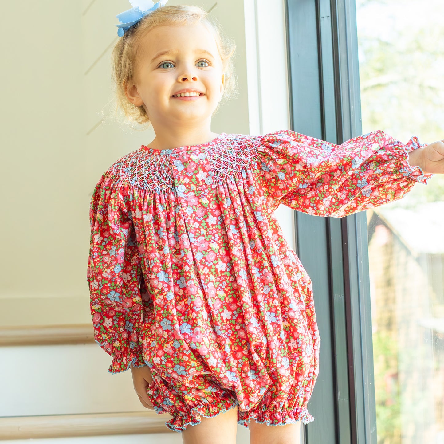 Girls Smocked Bubble - Scarlet Blooms