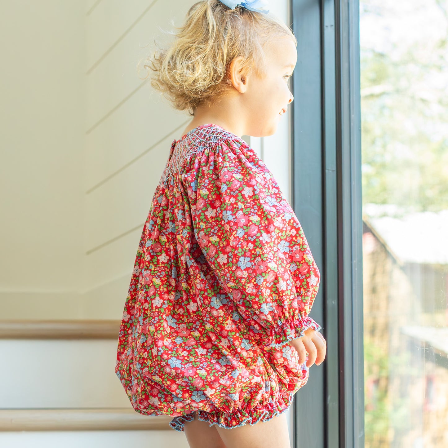 Girls Smocked Bubble - Scarlet Blooms