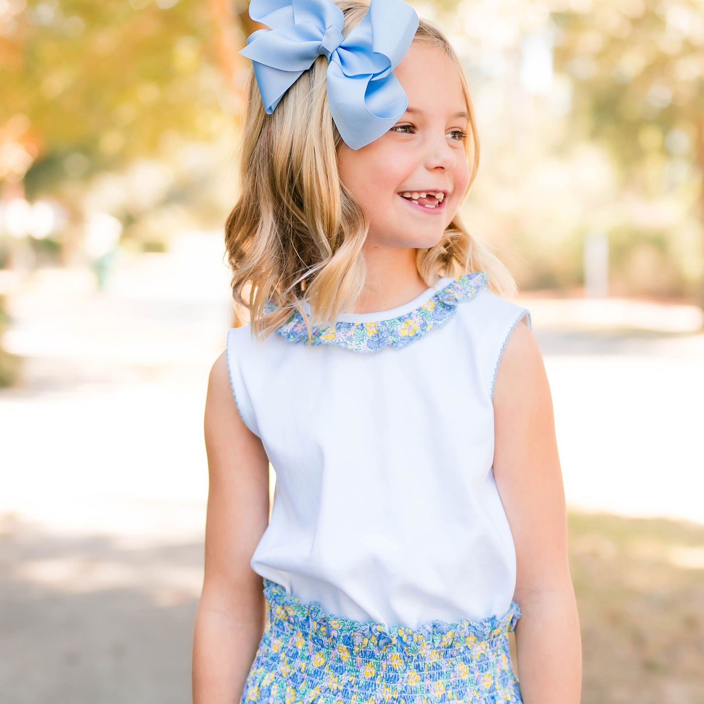 Girls Ruffle Neck Top - Spring Blooms