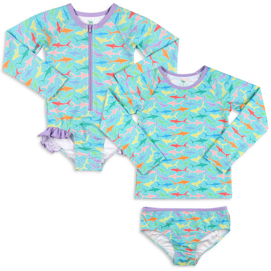 Girls Rash Guard Suit- Summertime Sharks