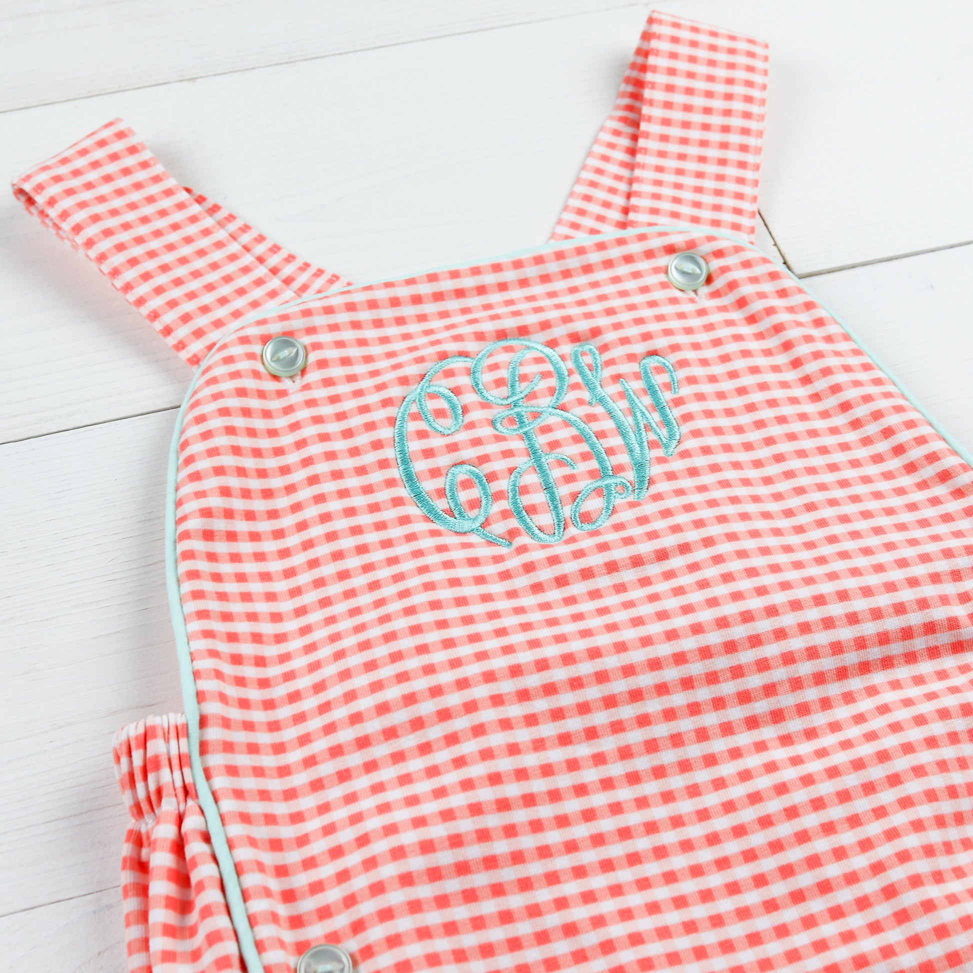 Unisex Picnic Check Romper monogramed in aqua thread