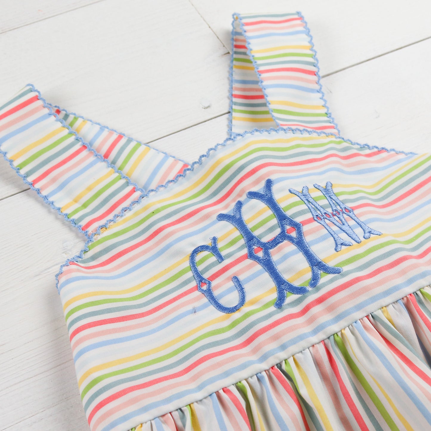 close up monogram on stripe dress