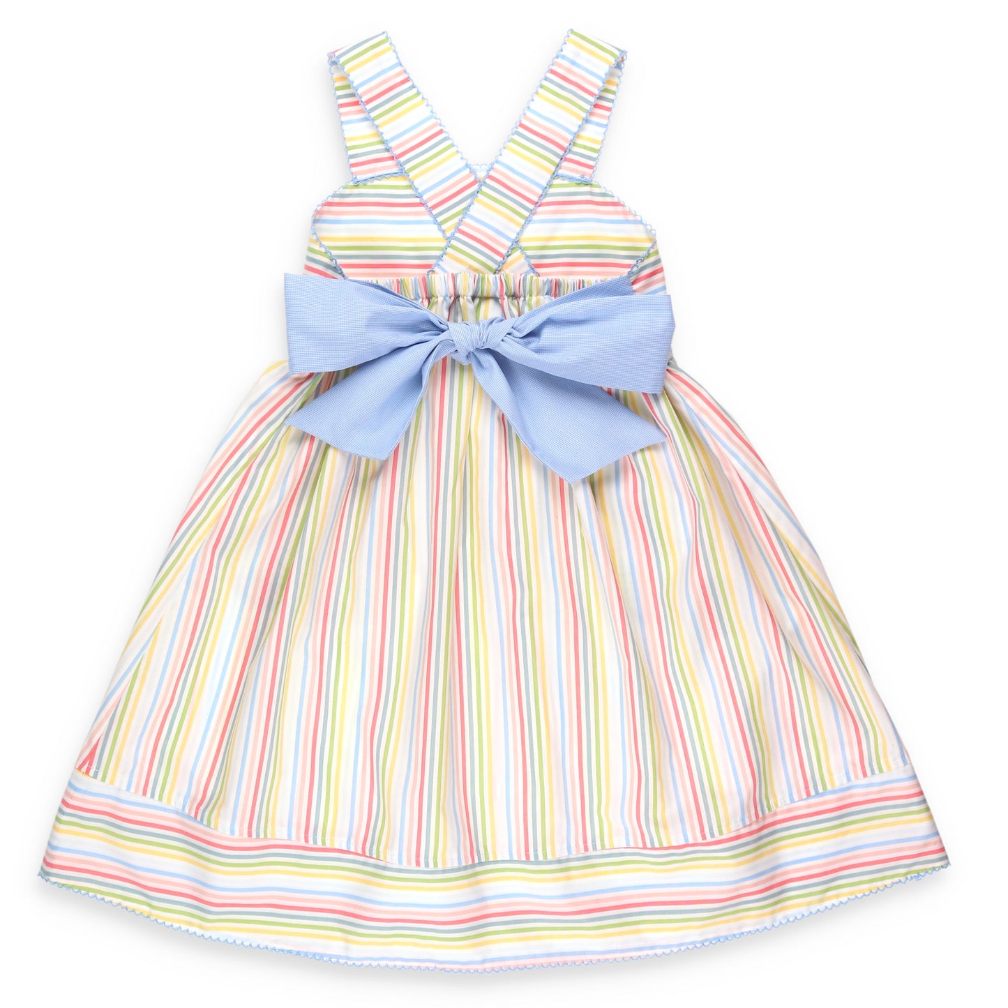 precious Yacht Club Stripe Bow Back Dress with light blue bow on back