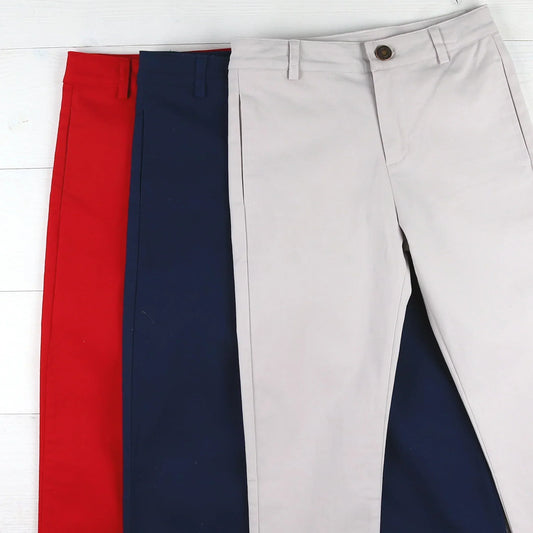 red, navy blue and khaki boys pants