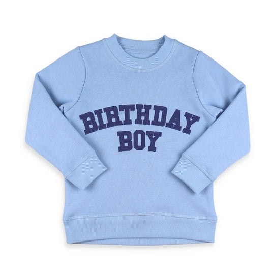 Birthday Boy Sweatshirt in light blue with navy birthday boy applique