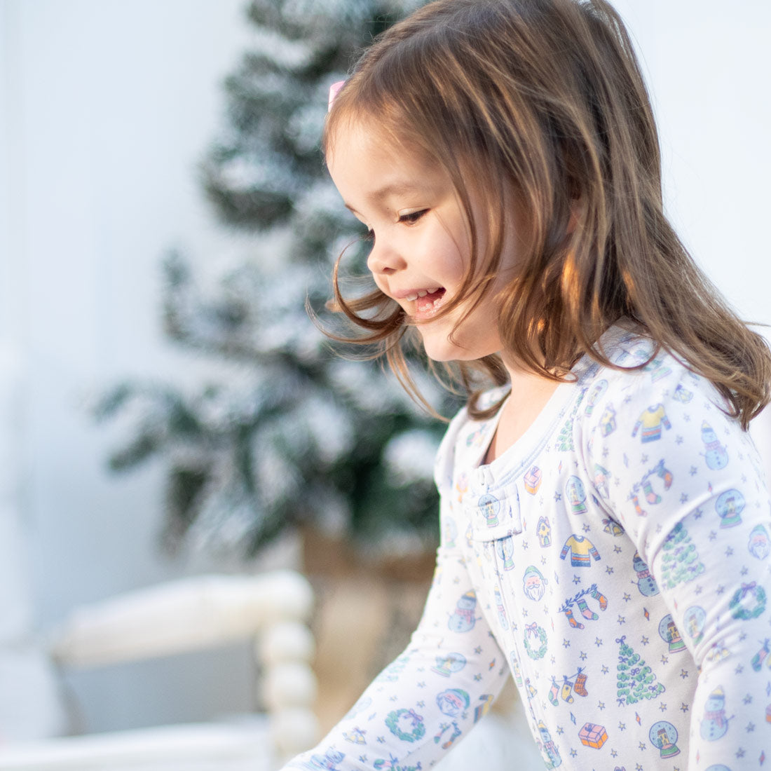 Colorful Christmas Toile Bamboo Onsie - close-up detail