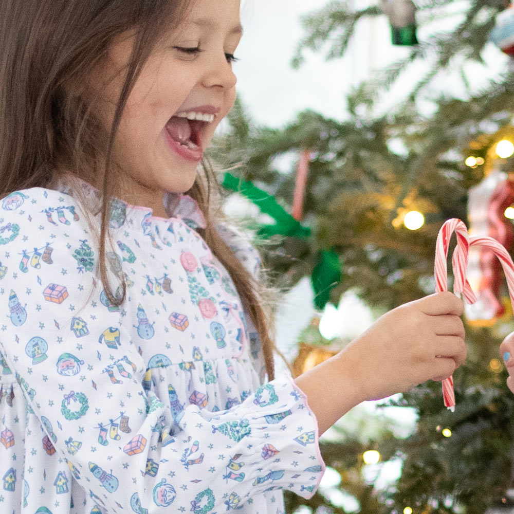 Colorful Christmas Toile Gown - close-up detail