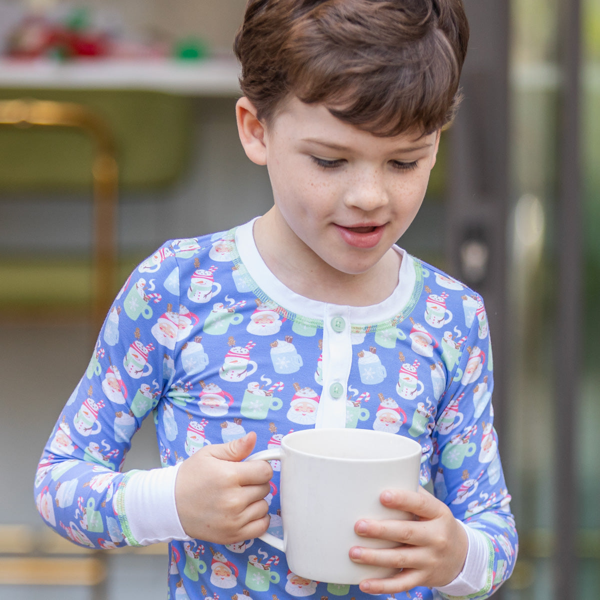 Model wearing Cozy Cocoa Blue Bamboo Loungewear
