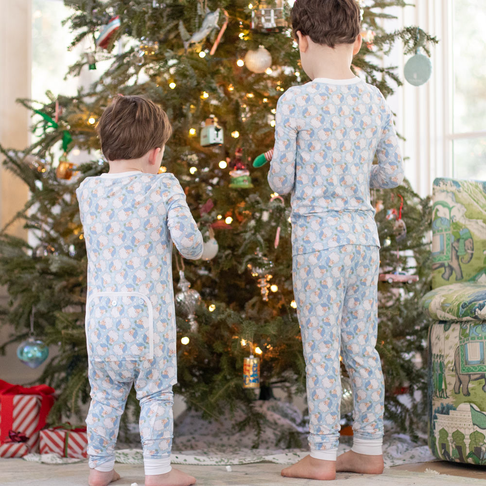 Matching sibling style for Holly Jolly Blue Bamboo Onesie