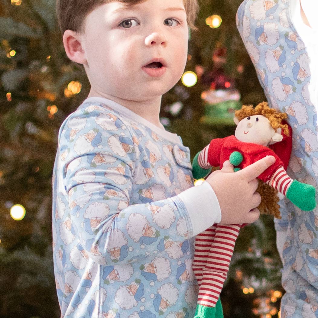 Close-up detail of Holly Jolly Blue Bamboo Onesie