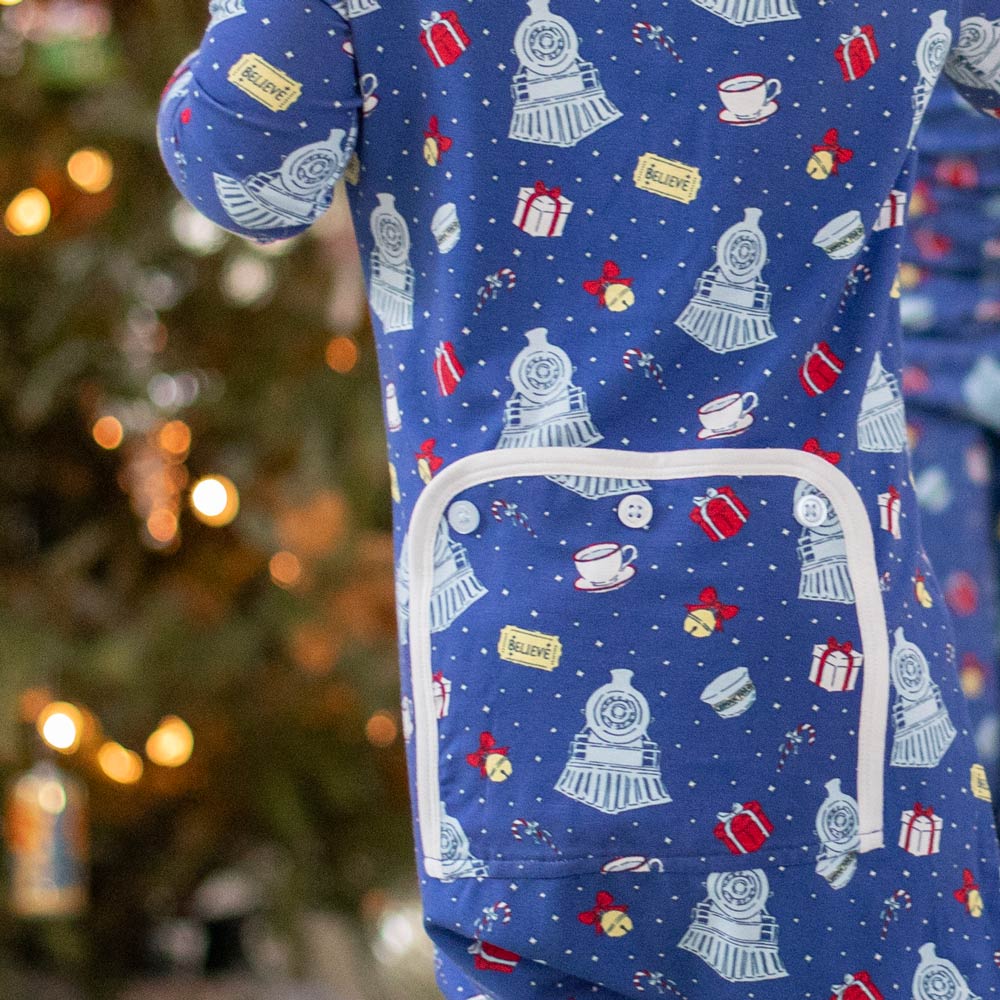 Close-up detail of Jingle Bell Express Bamboo Onesie