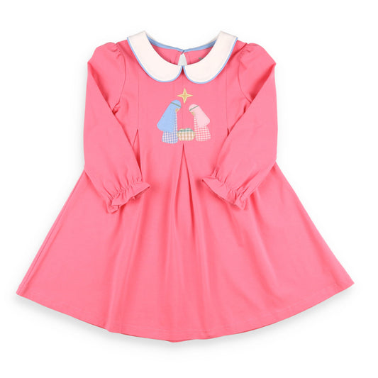 Girls pink long-sleeve Christmas Nativity dress with white Peter Pan collar