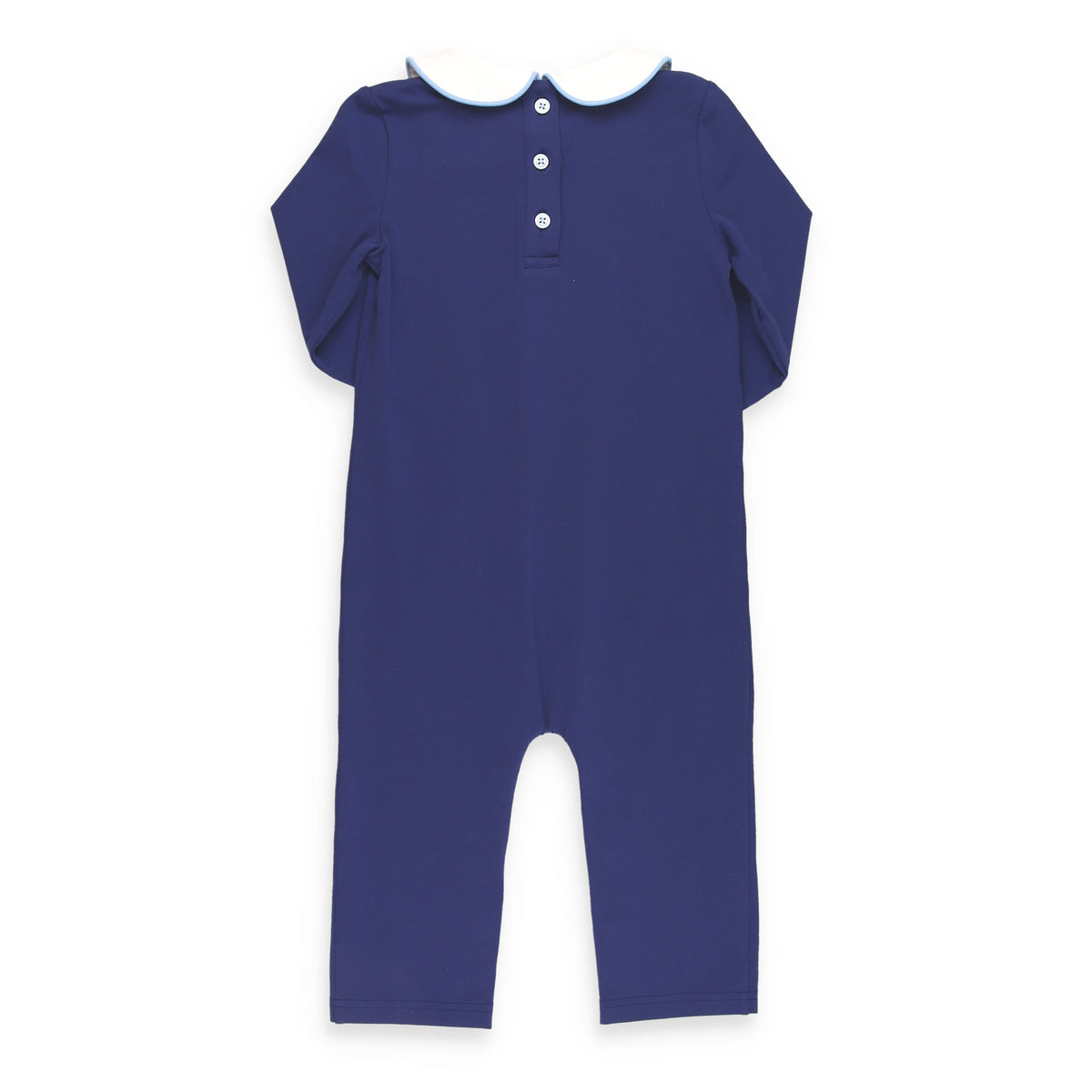 Back of baby boys navy long-sleeve Nativity Christmas romper