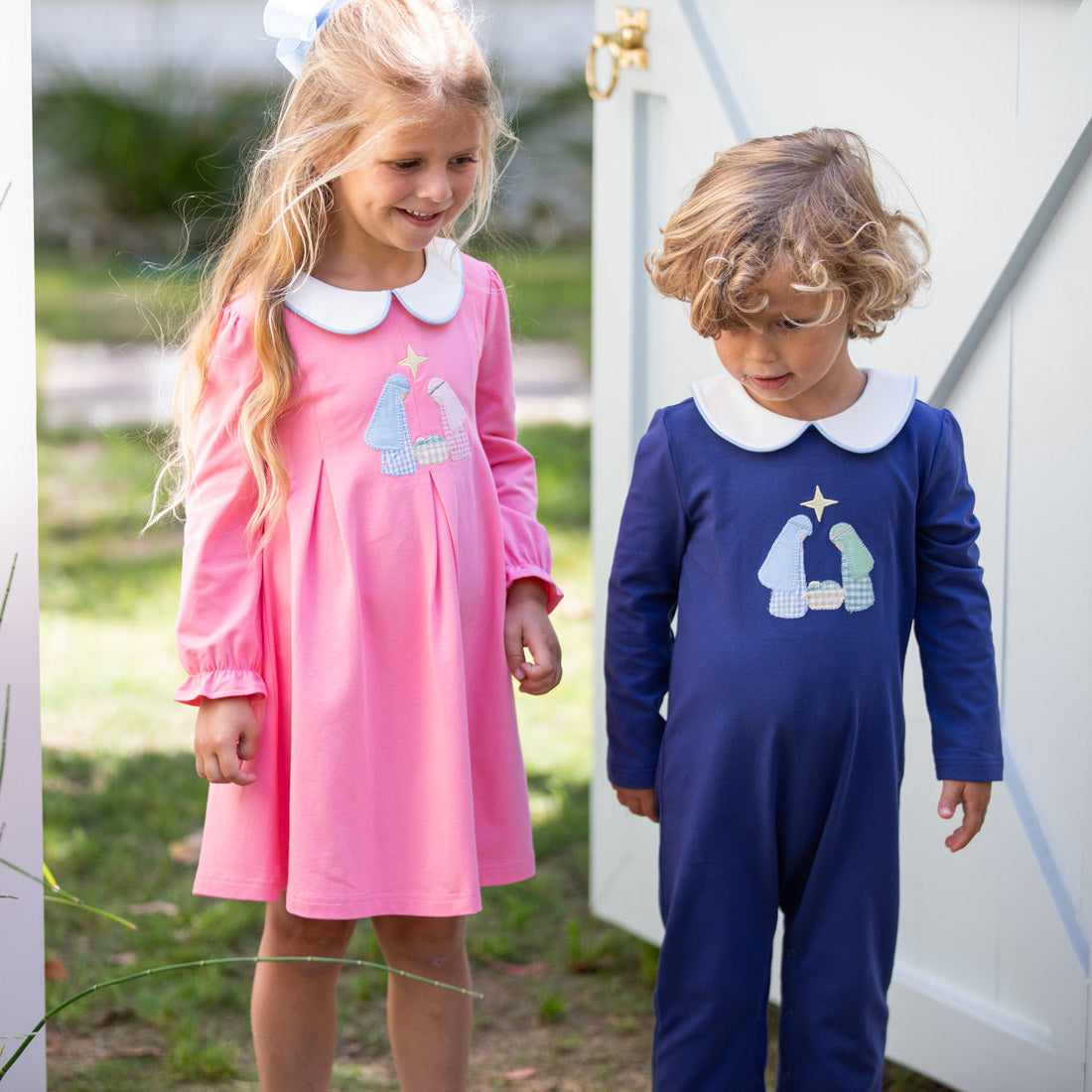 Coordinating Christmas Nativity outfits with boys romper, shirt and girls dress