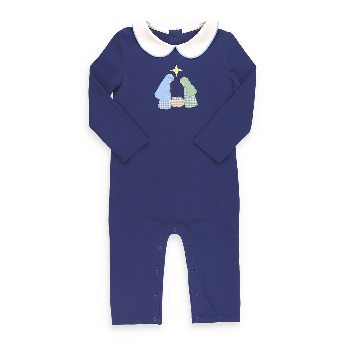 Baby boys navy Nativity romper with Mary, Joseph and Baby Jesus appliqué