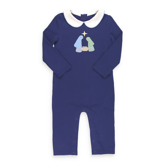 Baby boys navy Nativity romper with Mary, Joseph and Baby Jesus appliqué