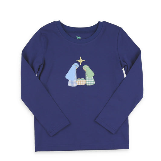 Boys navy Nativity Christmas shirt with Mary, Joseph and Baby Jesus appliqué