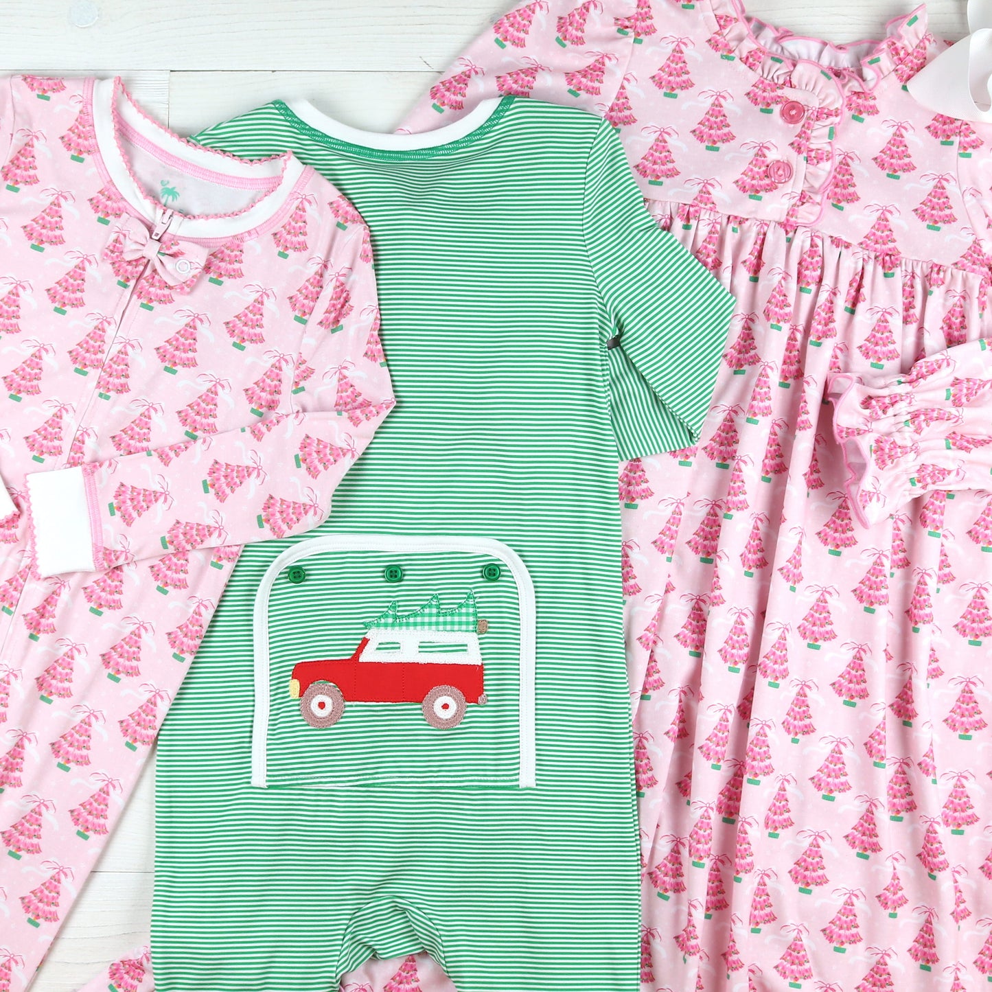 Christmas Tree Truck Bamboo Onesie - Pink Christmas Tree Gown And Bamboo Onsie And Chrstmas Tree Truck Bamboo Onsie