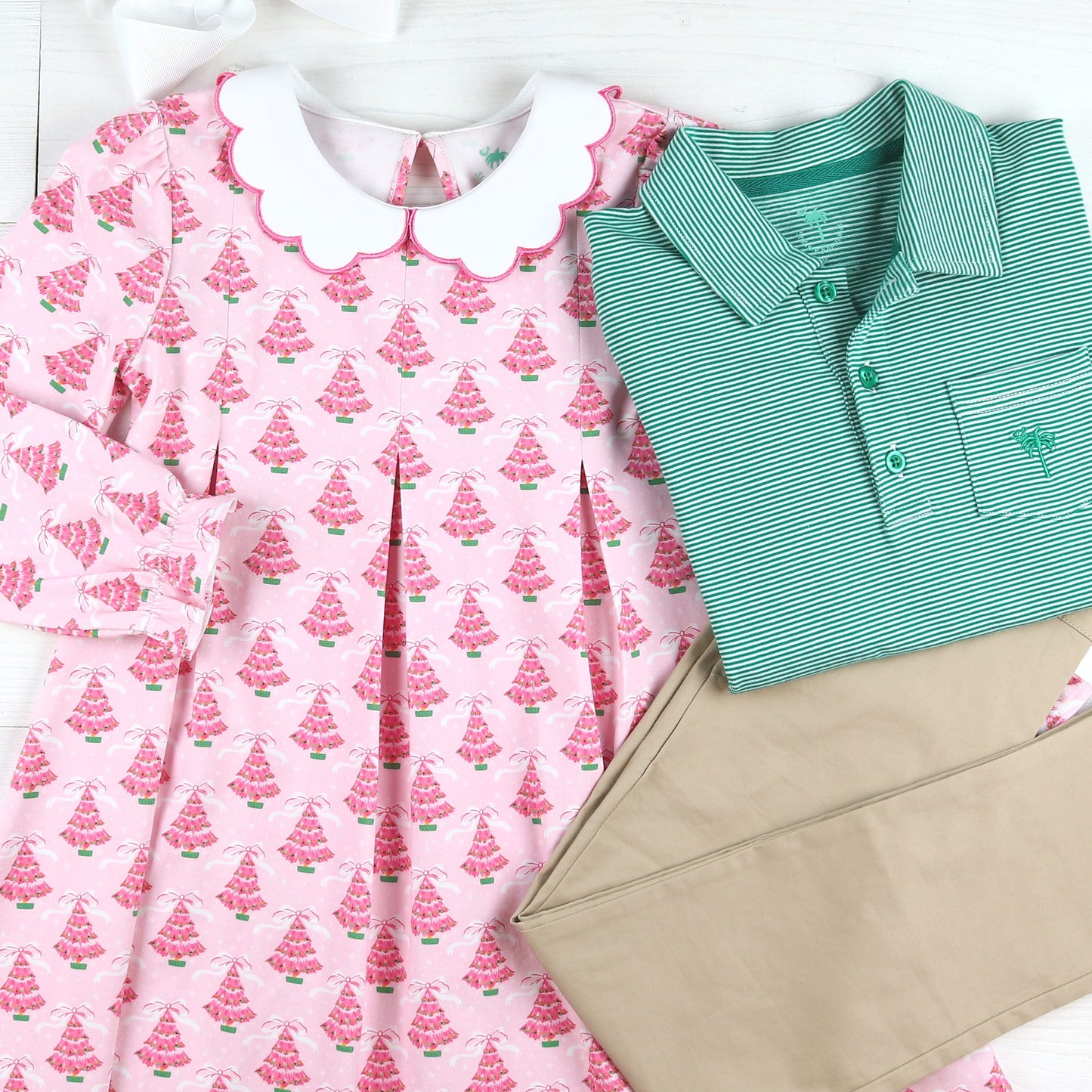 Green Stripe Polo - Pink Christmas tree dress and green stripe polo and Khaki Button Pants