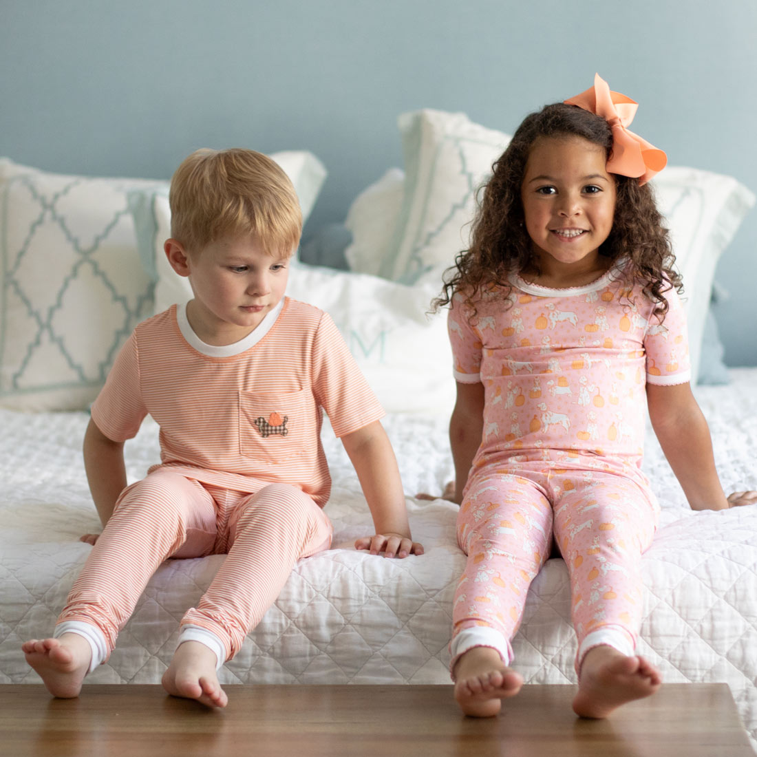 Matching sibling styles featuring Pumpkin Paws Stripe Bamboo Loungewear