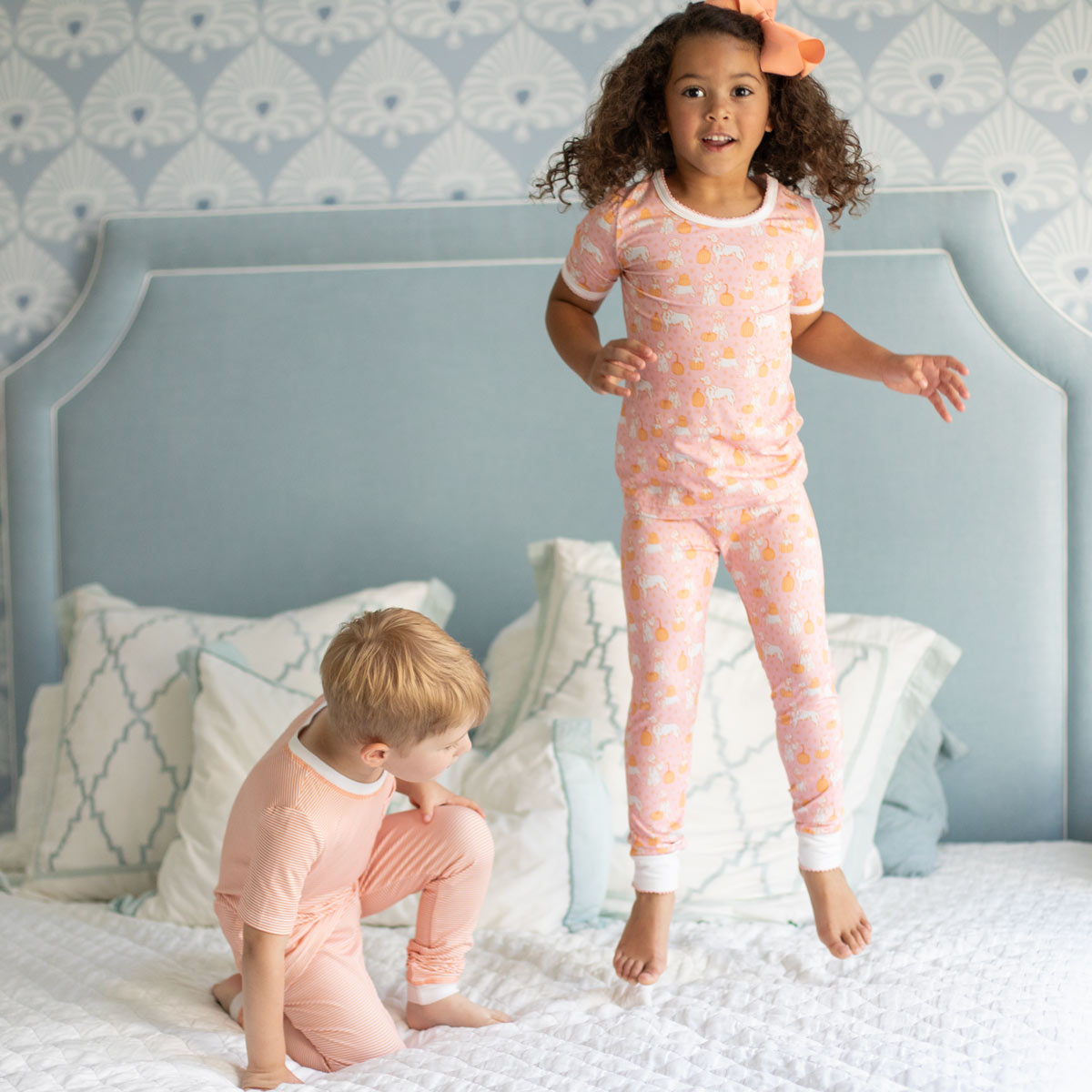 Matching sibling styles featuring Pumpkin Paws Pink Bamboo Loungewear